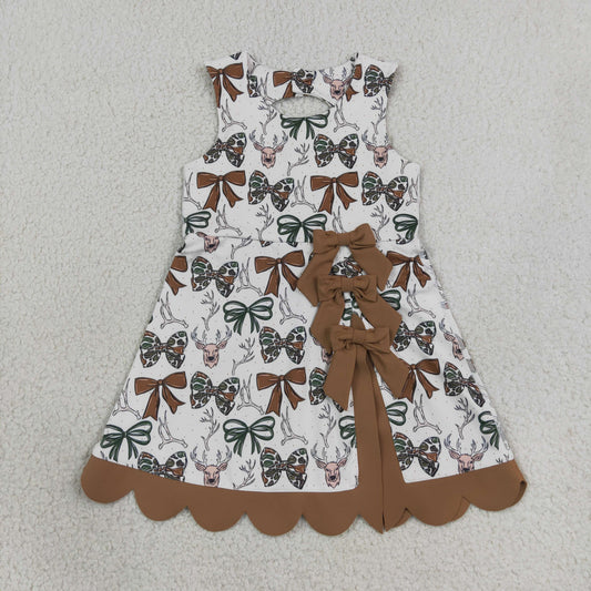 GSD4008  RTS NO MOQ （In stock） Yoga Baby Girls Camo Bow Deer Print Scallop Knee Length Yoga Active Dress