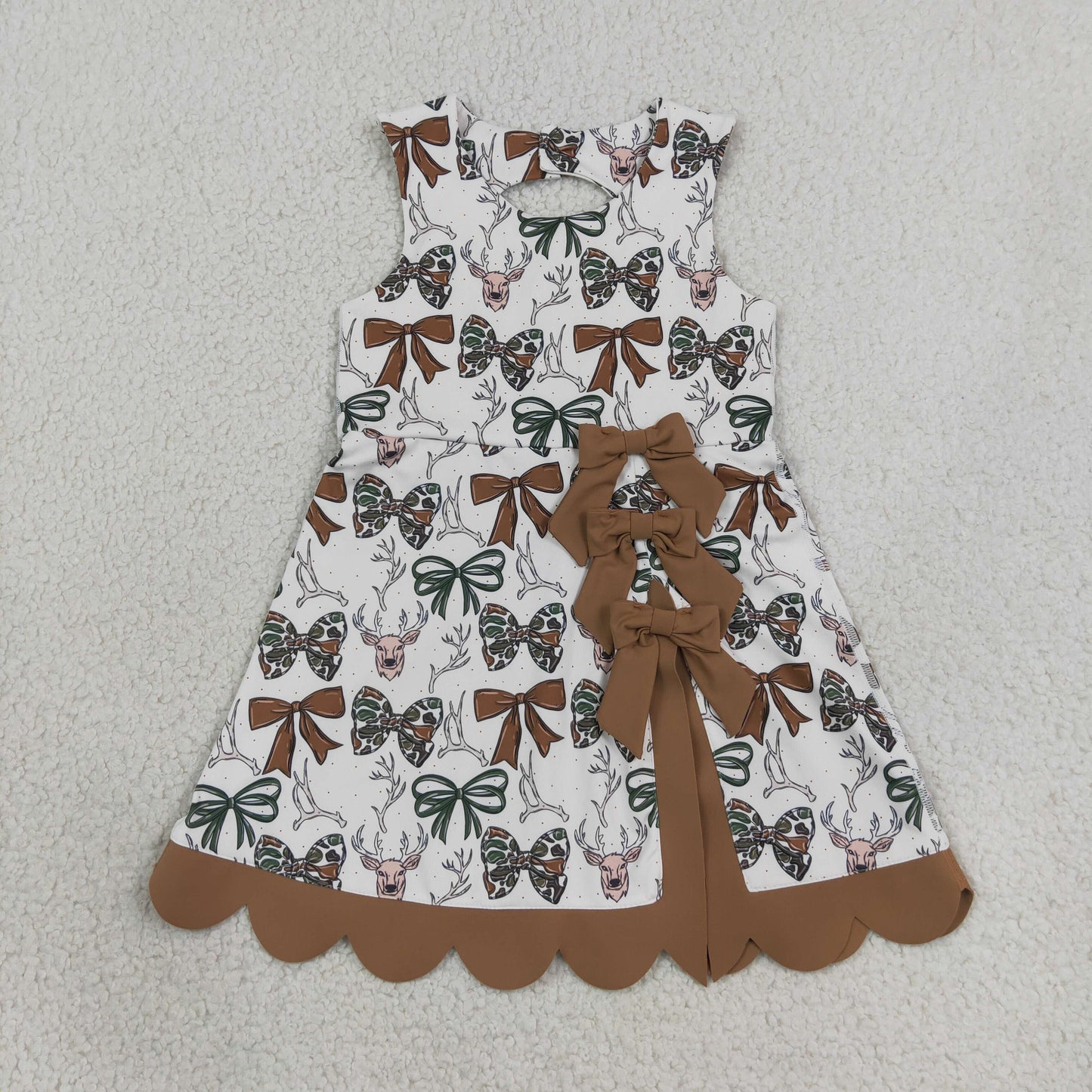 RTS NO MOQ Sibling Yoga Baby Girls Camo Bow Print Scallop Knee Length Yoga Active Dres