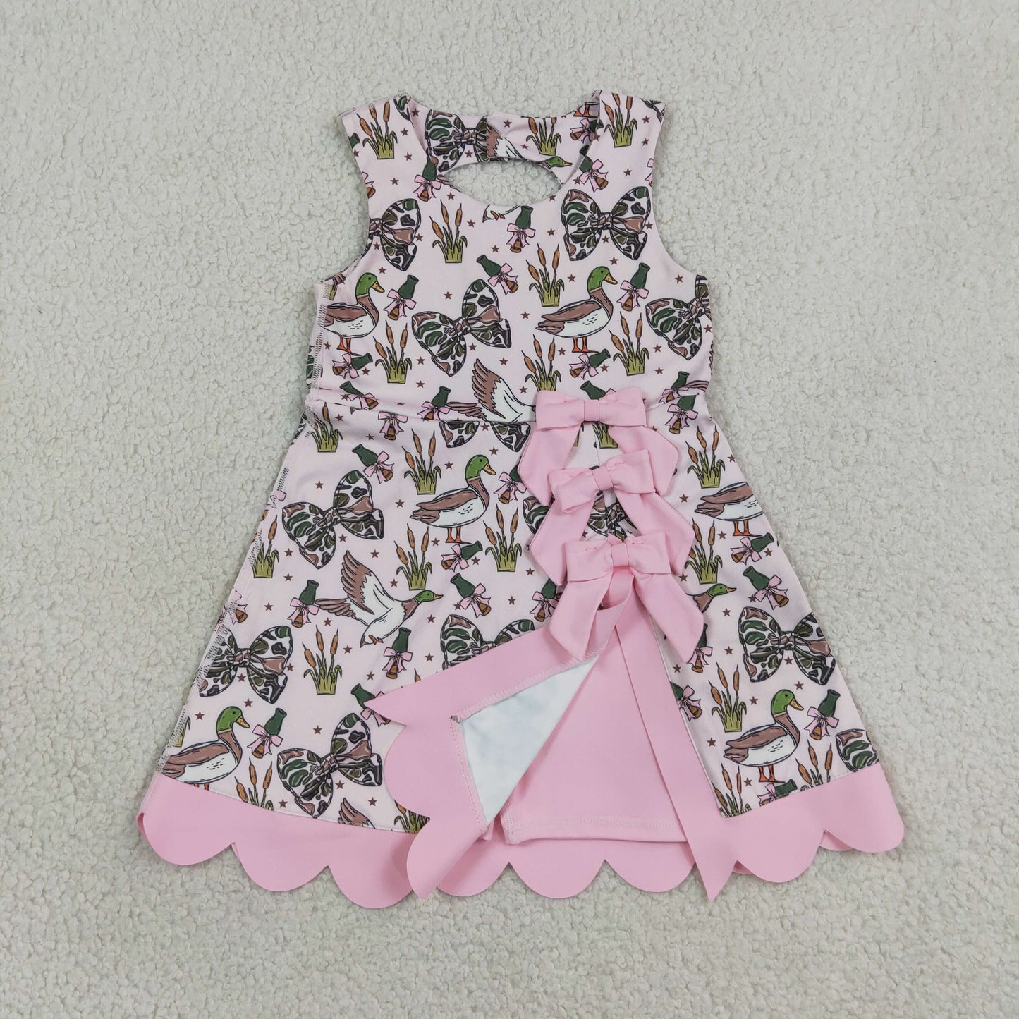GSD4009 RTS NO MOQ （In stock） Baby Girls Camo Duck Bow Scallop Trim Knee Length Yoga Dress