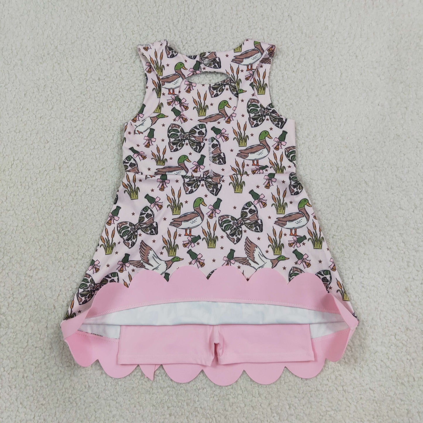 GSD4009 RTS NO MOQ （In stock） Baby Girls Camo Duck Bow Scallop Trim Knee Length Yoga Dress
