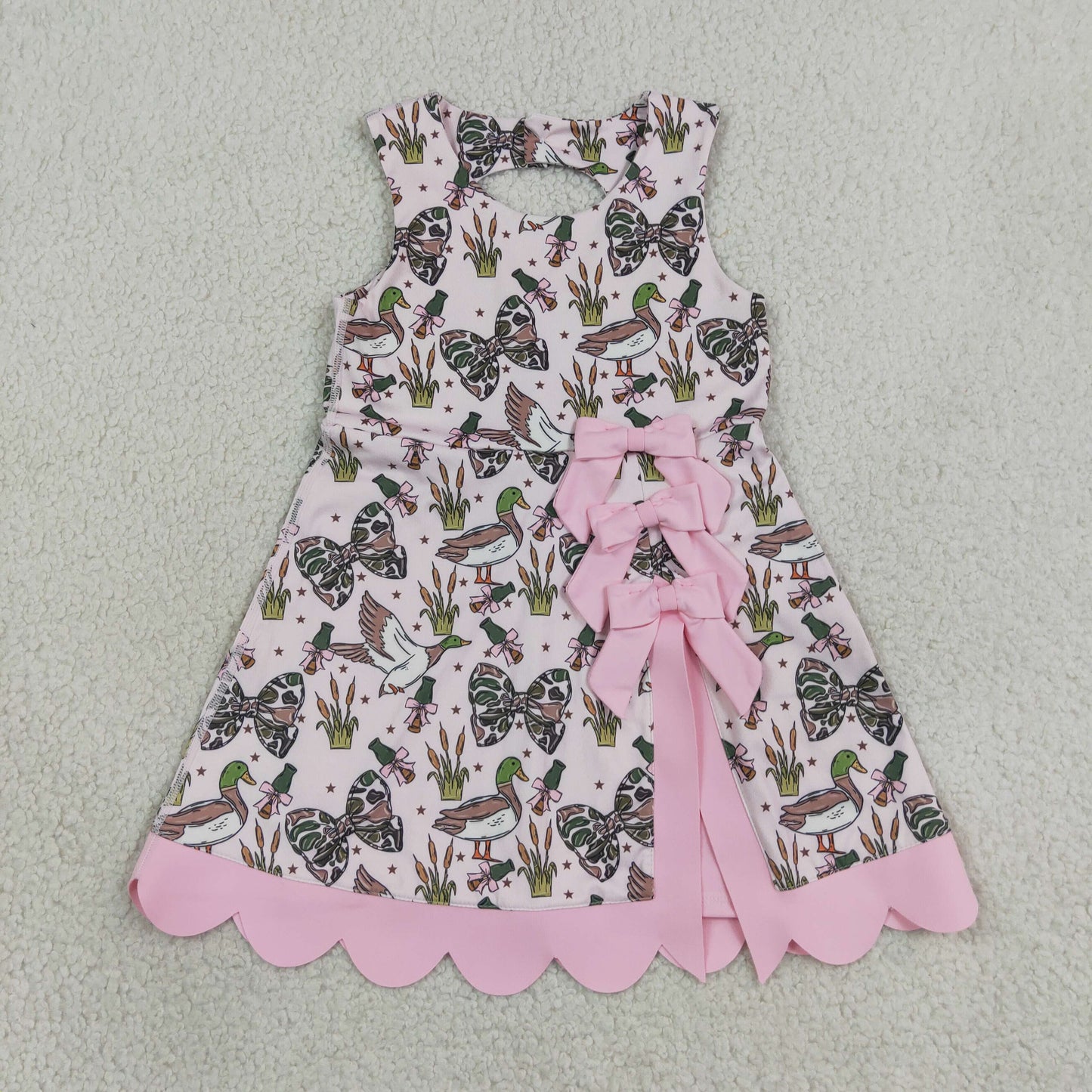 RTS NO MOQ Sibling Yoga Baby Girls Camo Bow Print Scallop Knee Length Yoga Active Dres