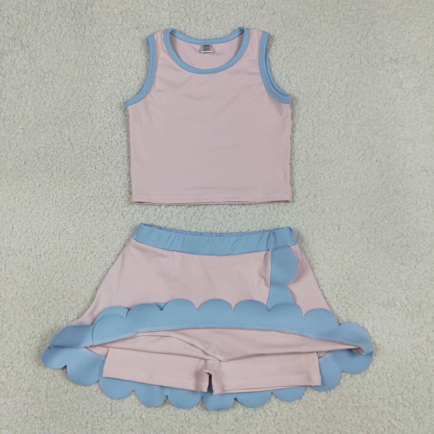 GSD4010 RTS NO MOQ （In stock）Sleeveless light pink blue scallop kids girls active wear set