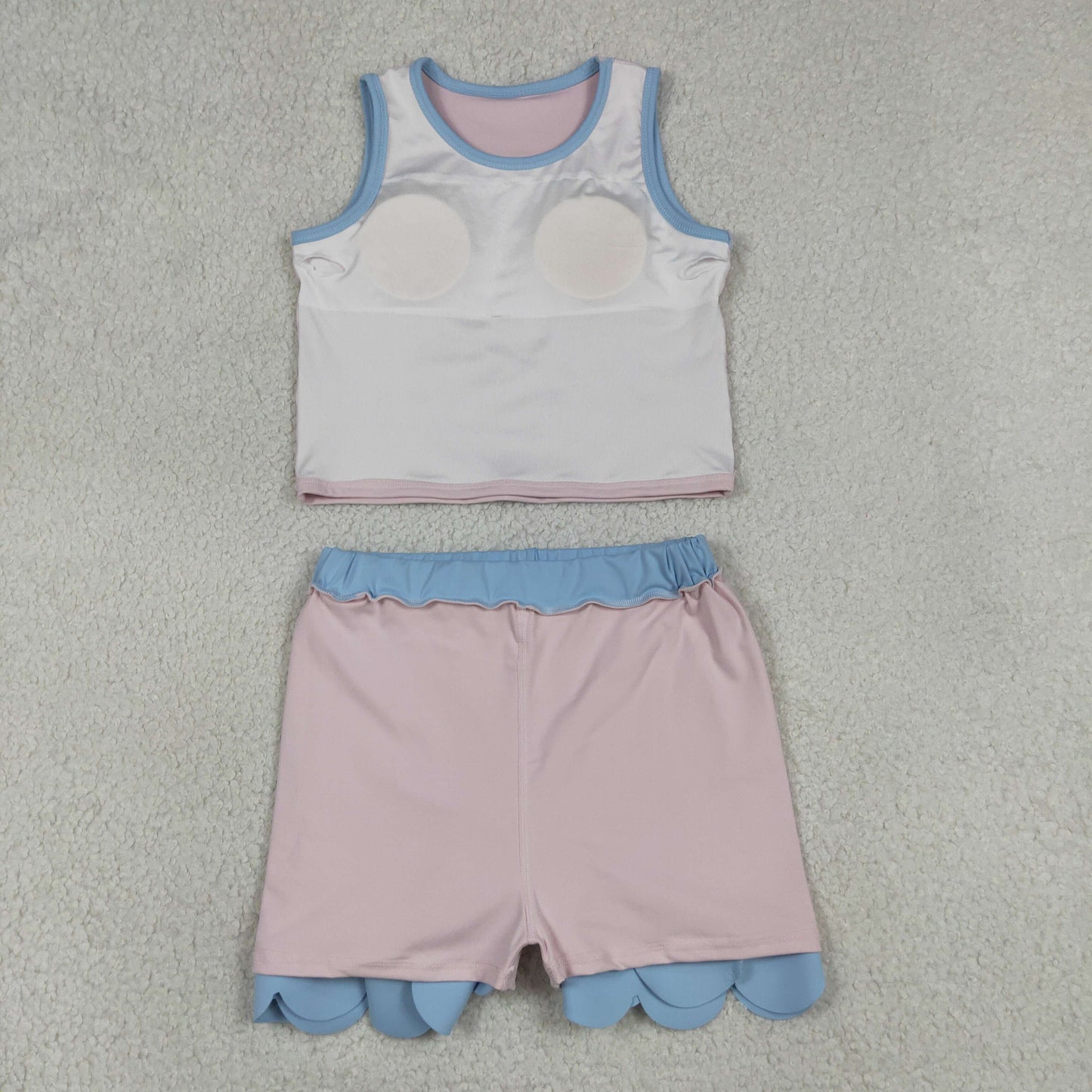 GSD4010 RTS NO MOQ （In stock）Sleeveless light pink blue scallop kids girls active wear set