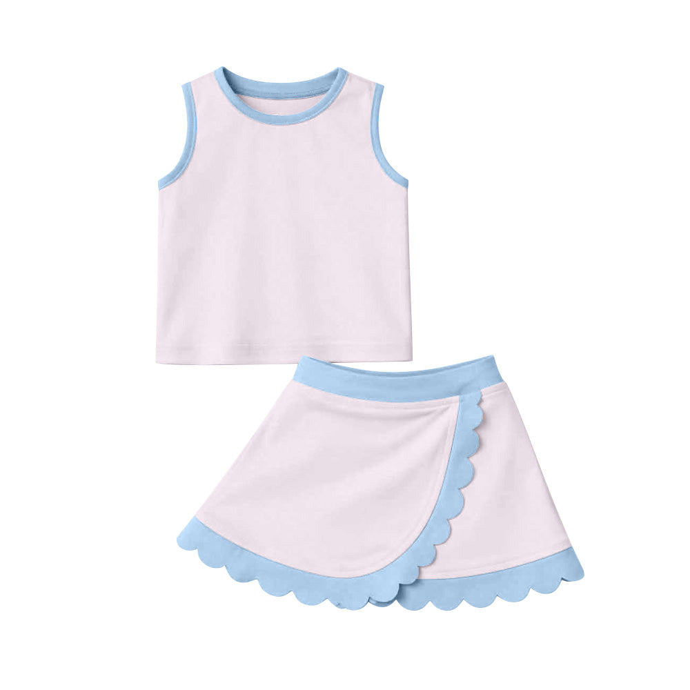 3.30 Pre order No Moq Baby Girls Sleeveless Light Pink Vest Scallop Skirt Short Yoga Active Clothes Set