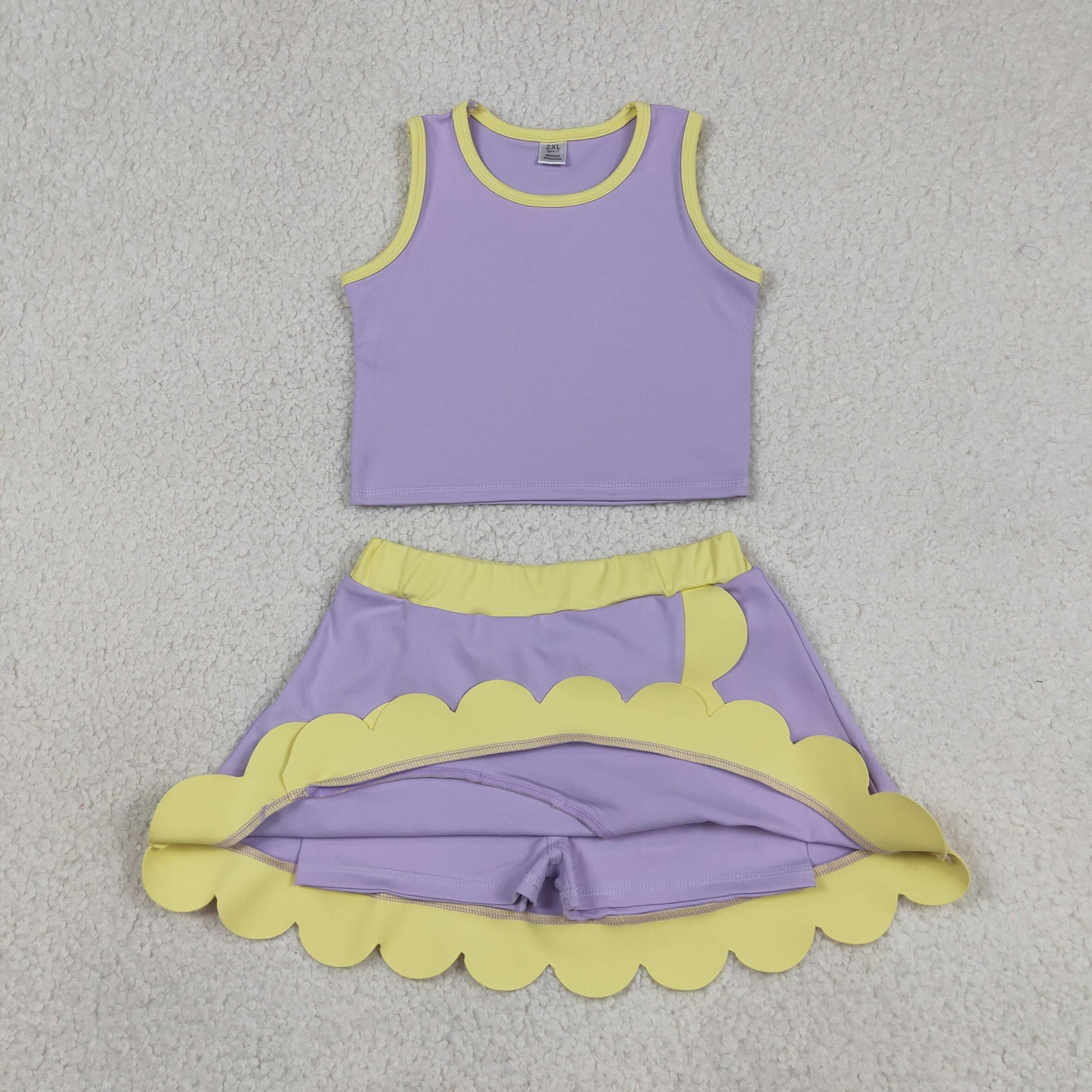 GSD4011 RTS NO MOQ （In stock ）Sleeveless lavender yellow scallop kids girls active wear set