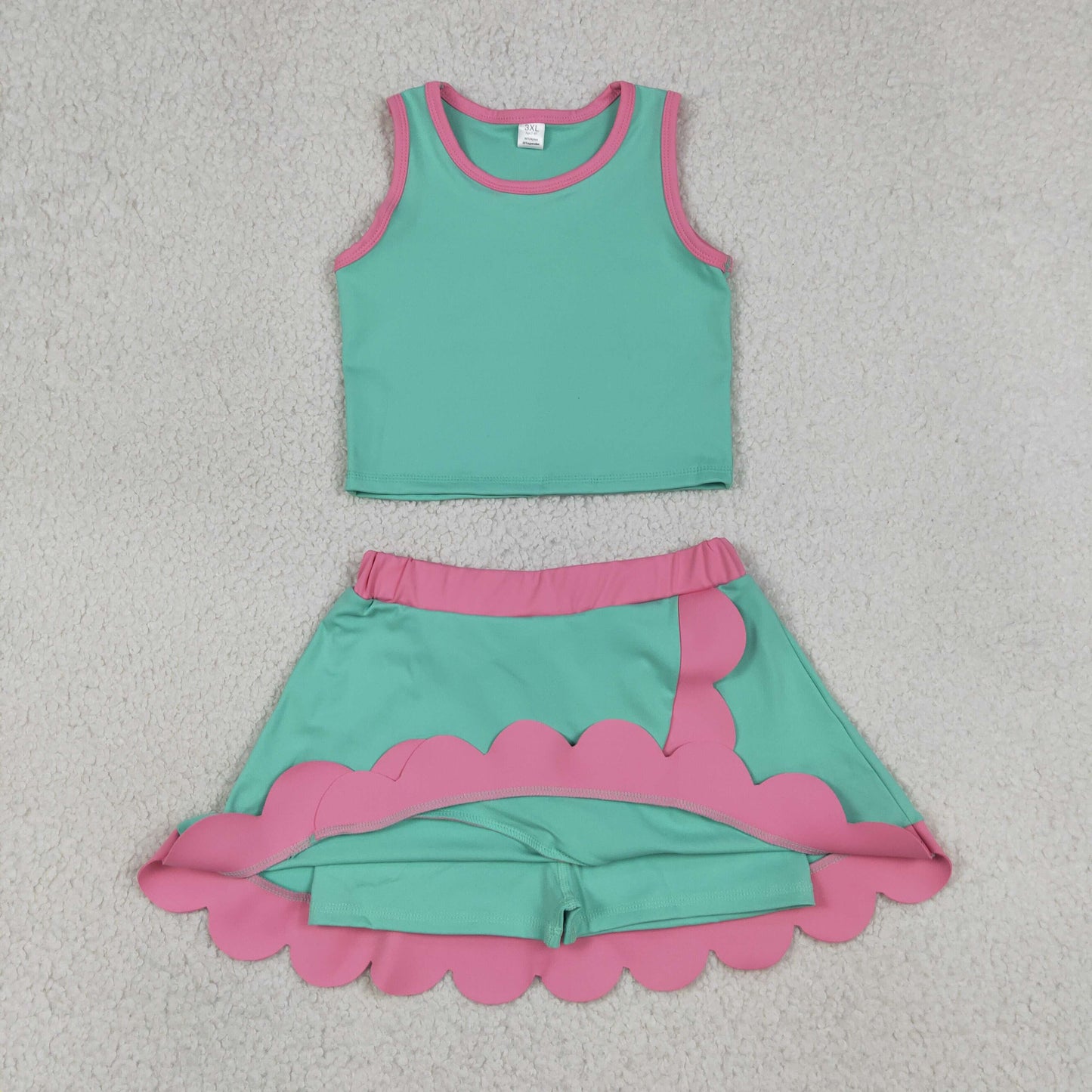 GSD4012 RTS NO MOQ （In stock）Baby Girls Sleeveless Light Blue Vest Scallop Skirt Short Yoga Active Clothes