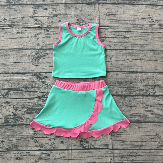 5.5 GSD4012 Sample No Moq Baby Girls Sleeveless Light Blue Vest Scallop Skirt Short Yoga Active Clothes