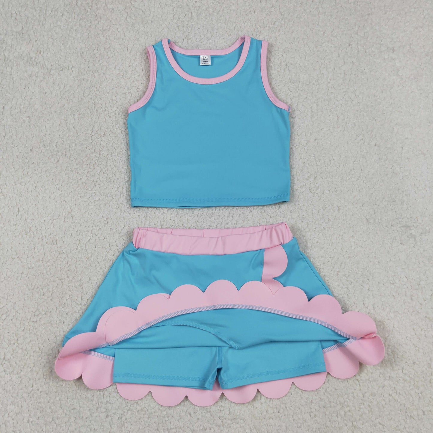 GSD4013 RTS NO MOQ （In stock）Baby Girls Sleeveless Lake Blue Vest Scallop Skirt Short Yoga Active Clothes Set