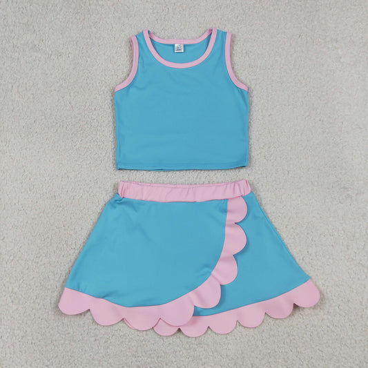 GSD4013 RTS NO MOQ （In stock）Baby Girls Sleeveless Lake Blue Vest Scallop Skirt Short Yoga Active Clothes Set