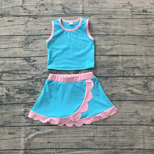 5.5 GSD4013 Sample No Moq Baby Girls Sleeveless Lake Blue Vest Scallop Skirt Short Yoga Active Clothes Set