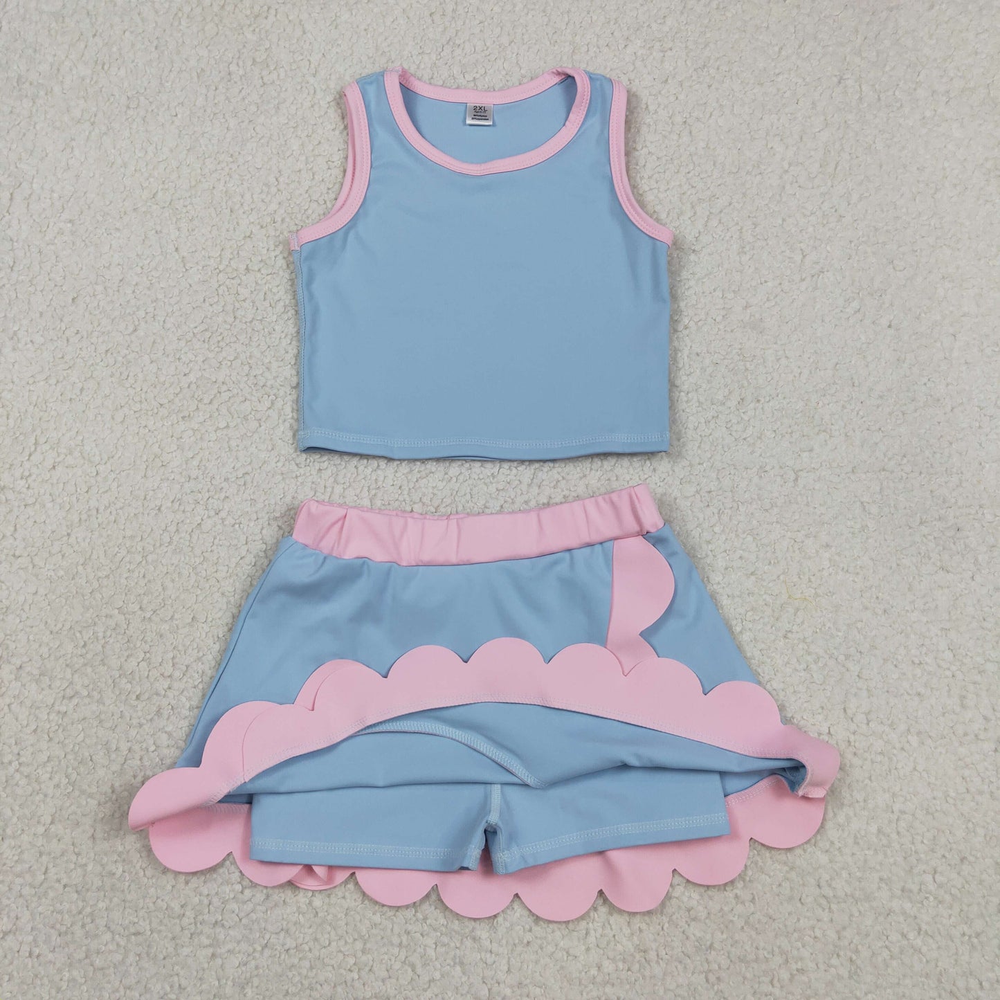 GSD4014 RTS NO MOQ （In stock）Baby Girls Sleeveless Blue Vest Scallop Skirt Short Yoga Active Clothes Set