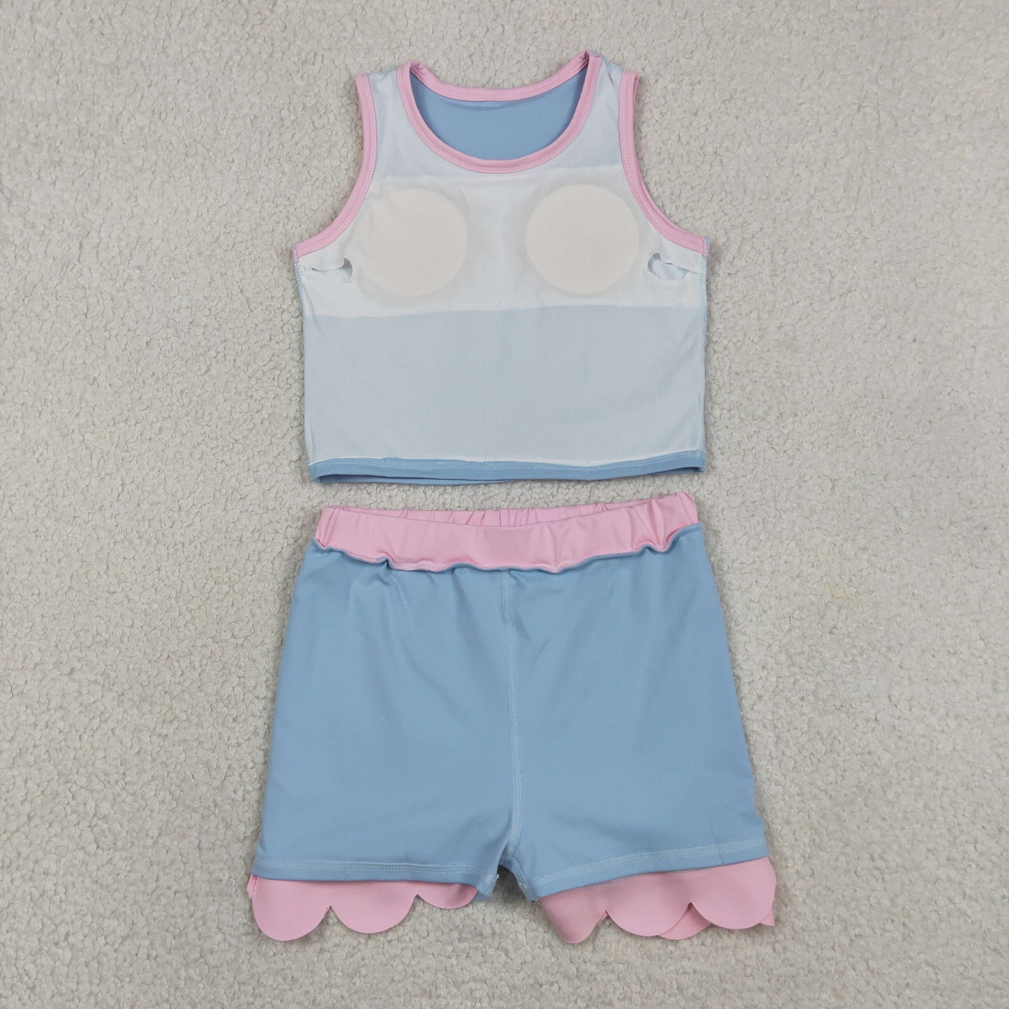 GSD4014 RTS NO MOQ （In stock）Baby Girls Sleeveless Blue Vest Scallop Skirt Short Yoga Active Clothes Set
