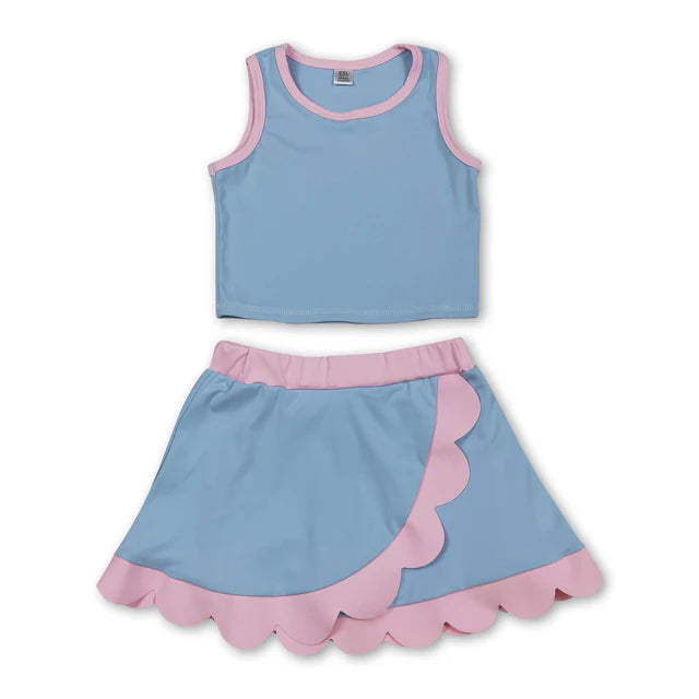 USA Warehouse (IN STOCK) Sibling Baby Girls Sleeveless Vests Top Scallop Skirt Short Yoga Active Clothes Set