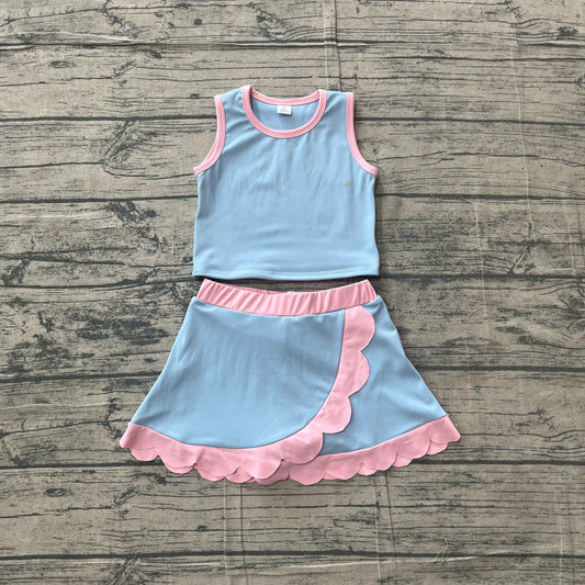 5.5 GSD4014 Sample No Moq Baby Girls Sleeveless Blue Vest Scallop Skirt Short Yoga Active Clothes Set