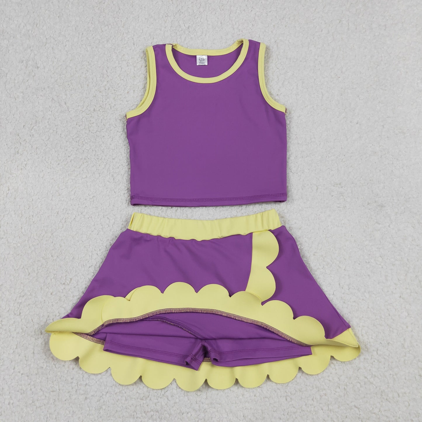 GSD4015 RTS NO MOQ （In stock）Sleeveless purple yellow scallop girls team active wear set