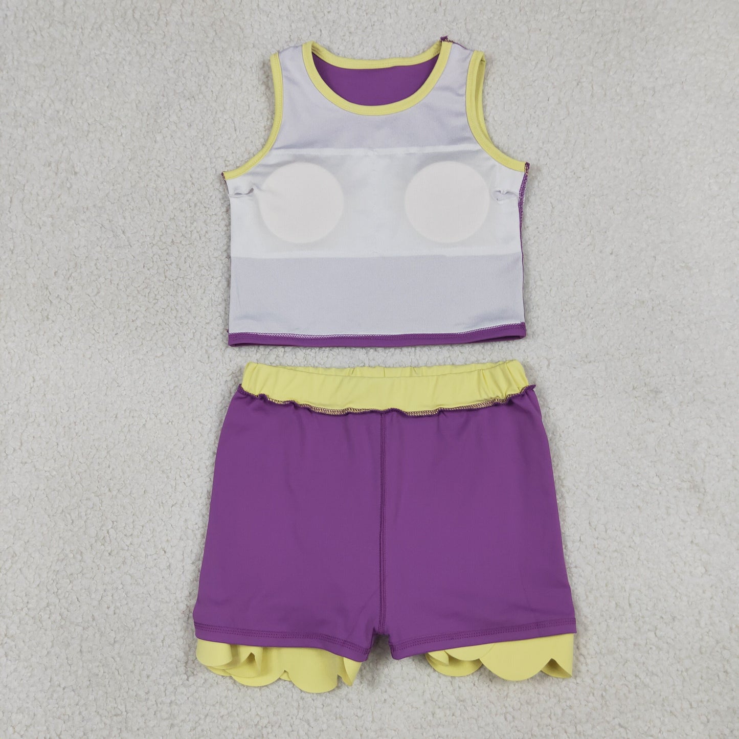 GSD4015 RTS NO MOQ （In stock）Sleeveless purple yellow scallop girls team active wear set