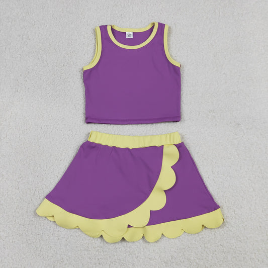 GSD4015  RTS NO MOQ （In stock）Baby Girls Sleeveless Purple Vest Scallop Skirt Short Yoga Active Clothes Set