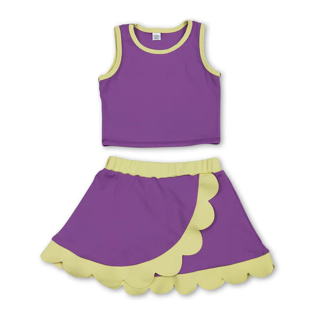 USA Warehouse (IN STOCK) Sibling Baby Girls Sleeveless Vests Top Scallop Skirt Short Yoga Active Clothes Set