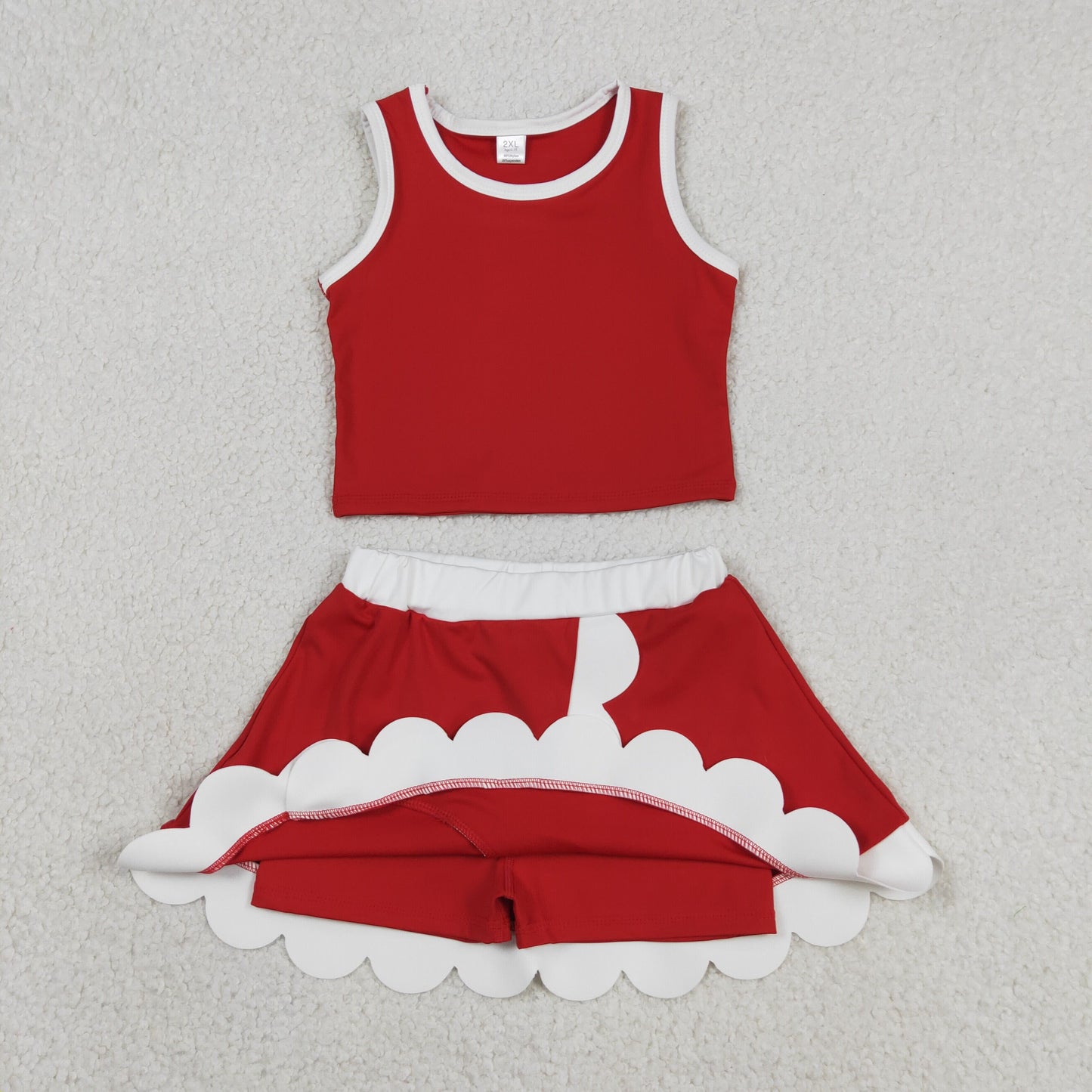 GSD4016 RTS NO MOQ （In stock ）Sleeveless red white scallop girls team active wear set