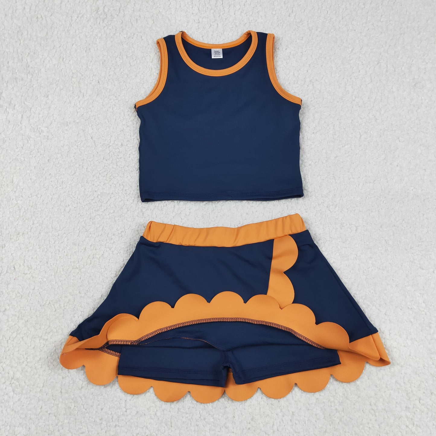 GSD4017 RTS NO MOQ （In stock ）Sleeveless navy orange scallop girls team active wear set
