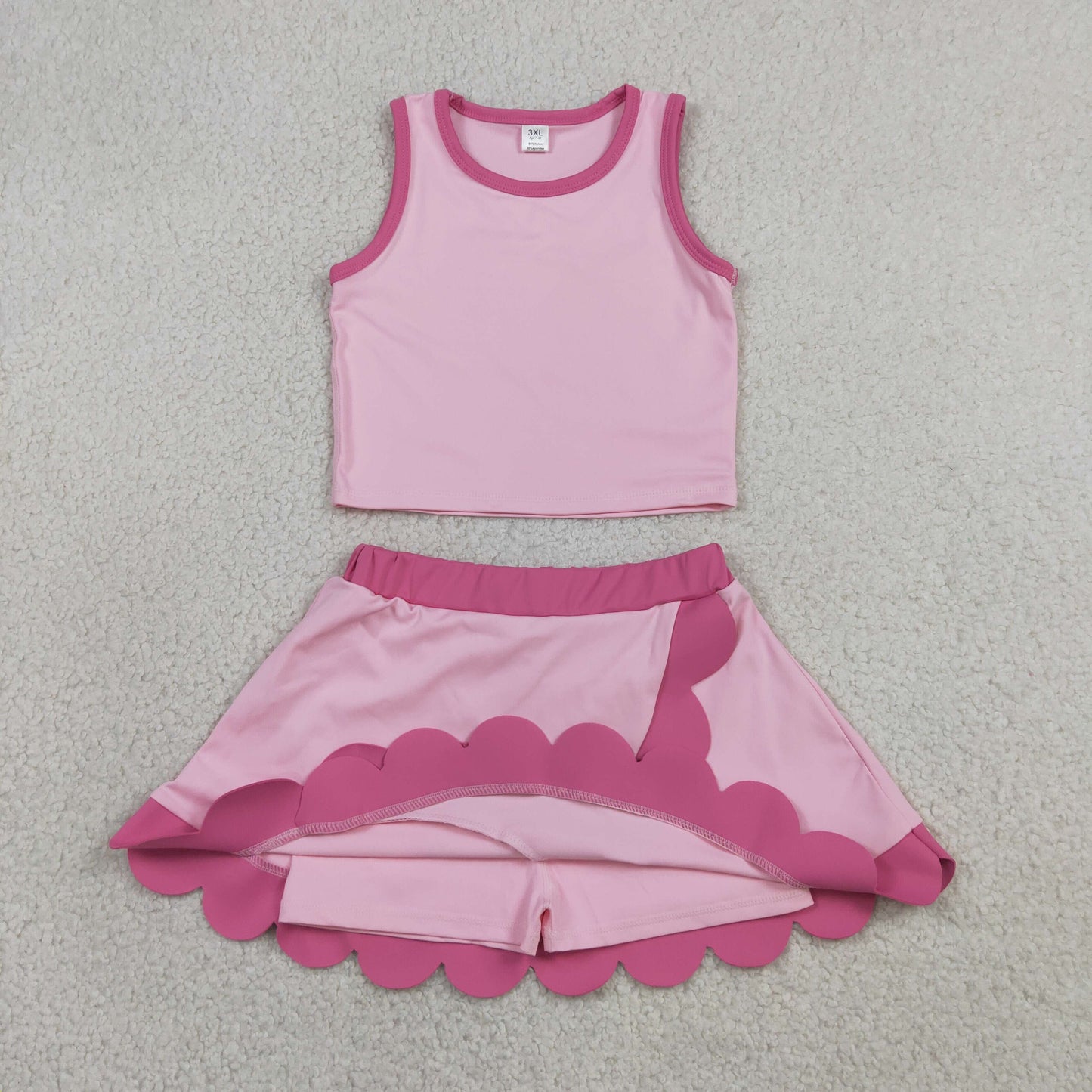 GSD4019 RTS NO MOQ （In stock）Sleeveless pink hot pink scallop kids girls active wear set