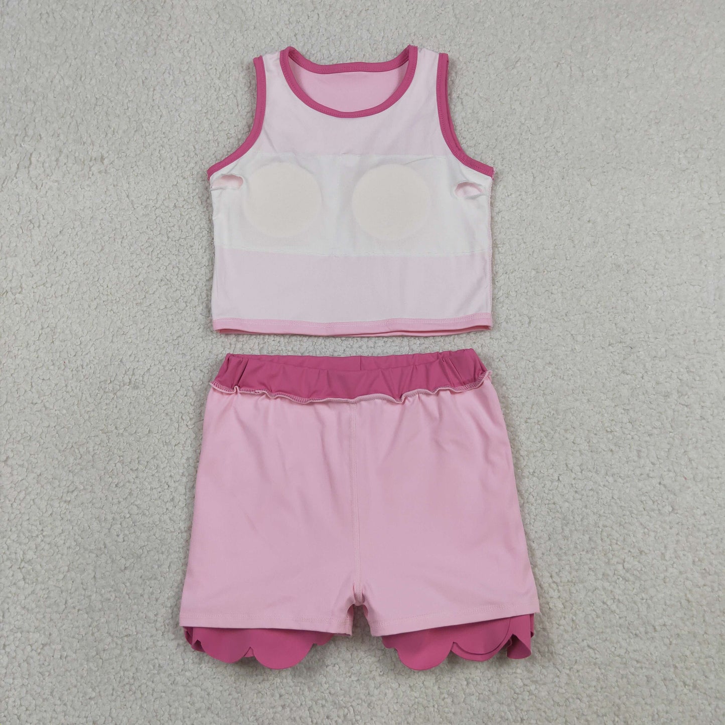GSD4019 RTS NO MOQ （In stock）Sleeveless pink hot pink scallop kids girls active wear set