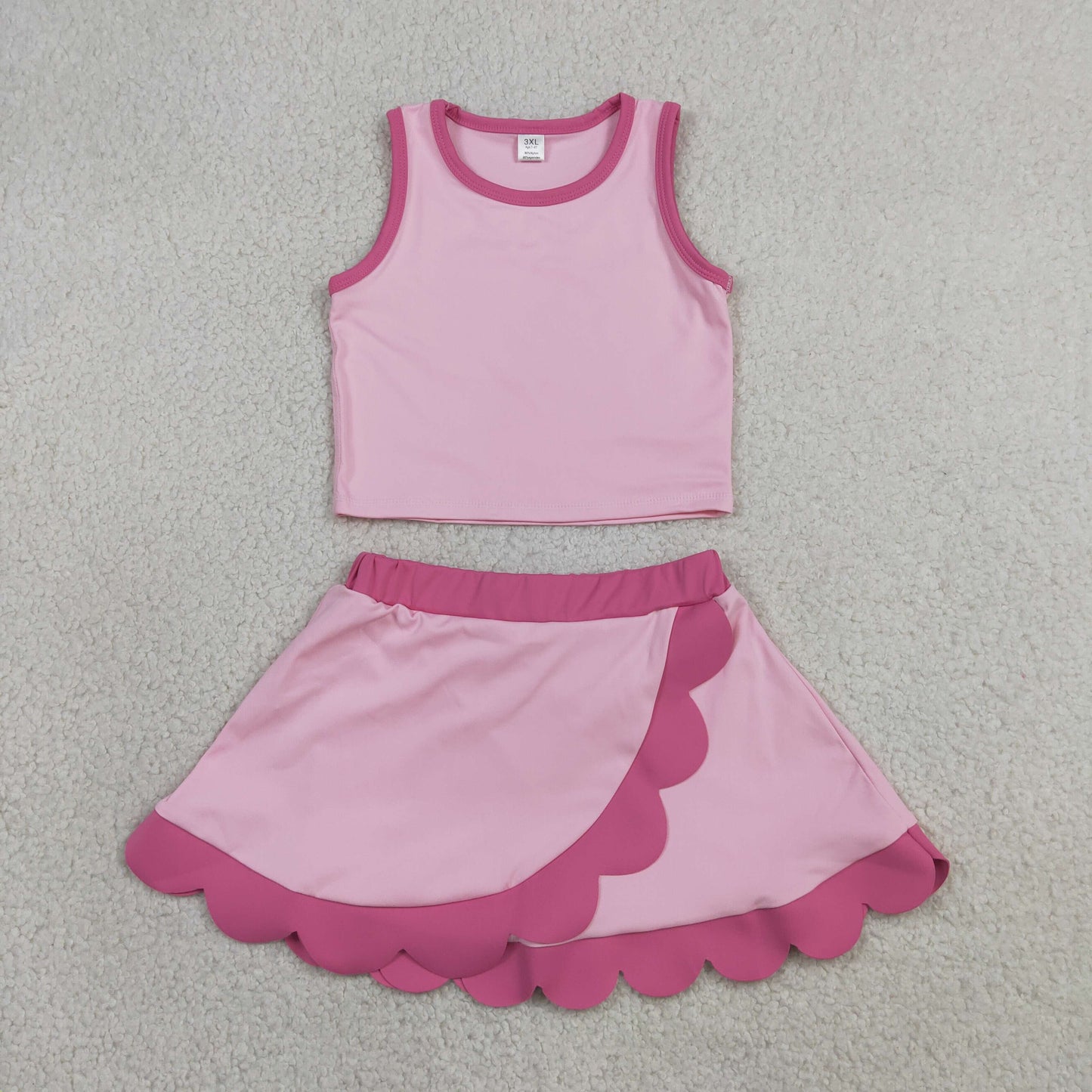 GSD4019 RTS NO MOQ （In stock）Sleeveless pink hot pink scallop kids girls active wear set