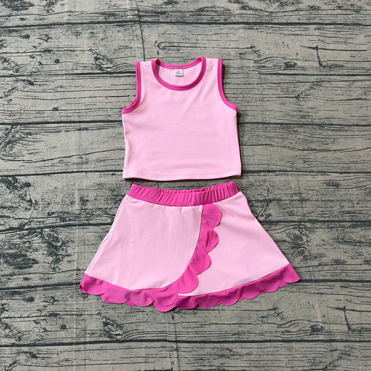 4.14 GSD4019Sample No Moq Baby Girls Sleeveless Light Pink Vest Scallop Skirt Short Yoga Active Clothes