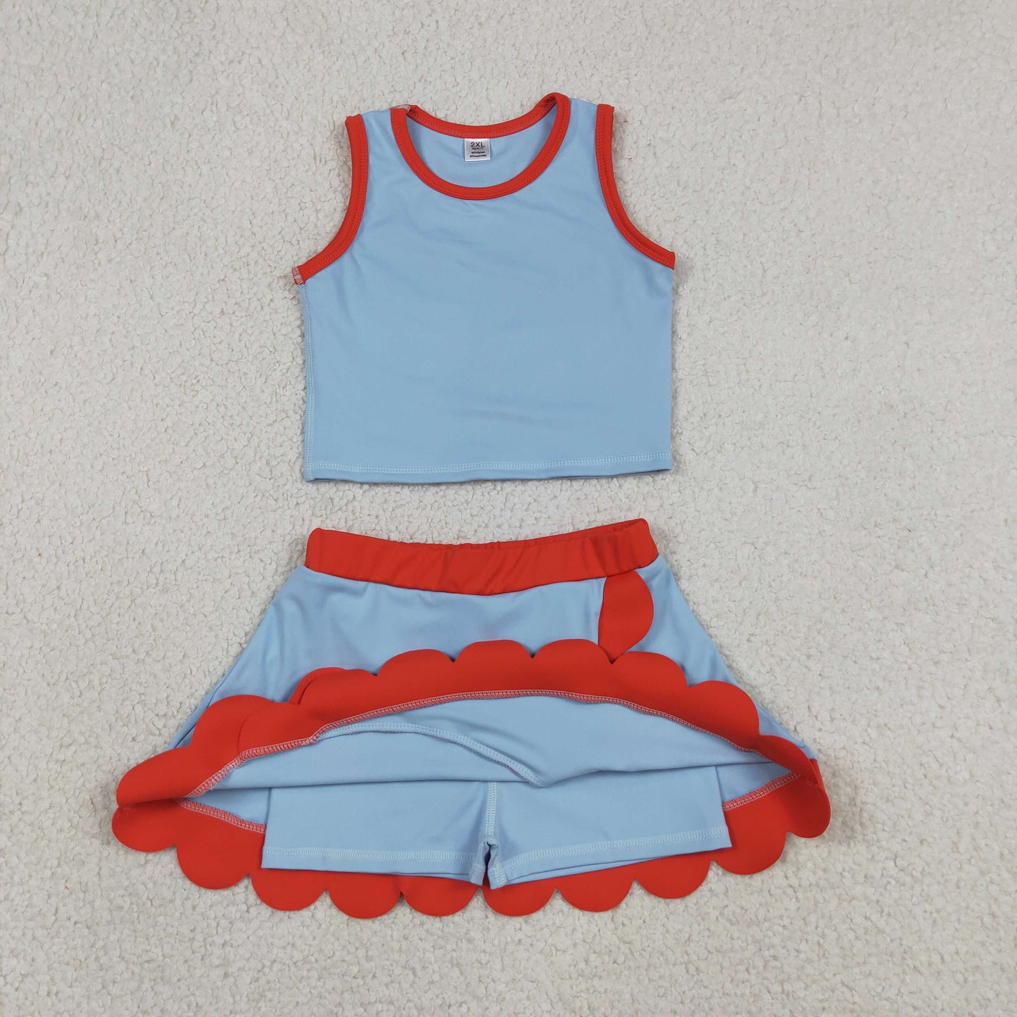 GSD4020 RTS NO MOQ （In stock）Sleeveless light blue orange scallop kids girls active wear set