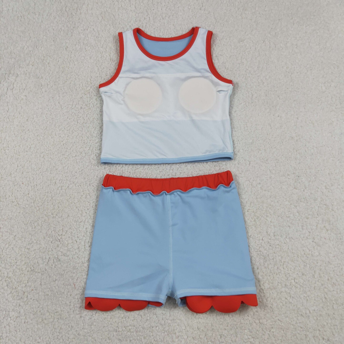 GSD4020 RTS NO MOQ （In stock ）Baby Girls Sleeveless Blue Red Vest Scallop Skirt Short Yoga Active Clothes Set