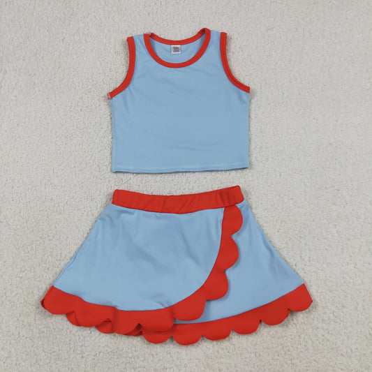 GSD4020 RTS NO MOQ （In stock ）Baby Girls Sleeveless Blue Red Vest Scallop Skirt Short Yoga Active Clothes Set