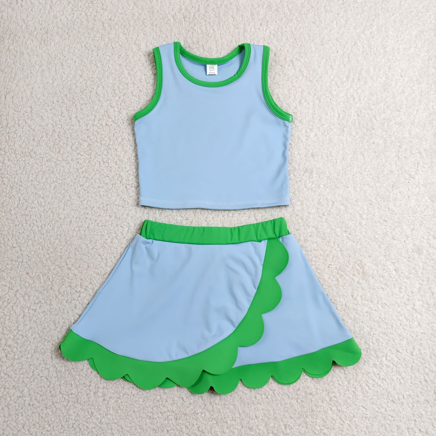 GSD4021 RTS NO MOQ （In stock）Sleeveless light blue green scallop kids girls active wear set）