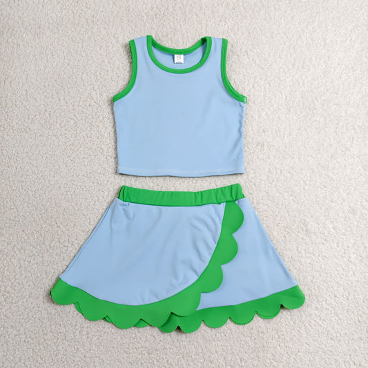 GSD4021 RTS NO MOQ （In stock）Sleeveless light blue green scallop kids girls active wear set）