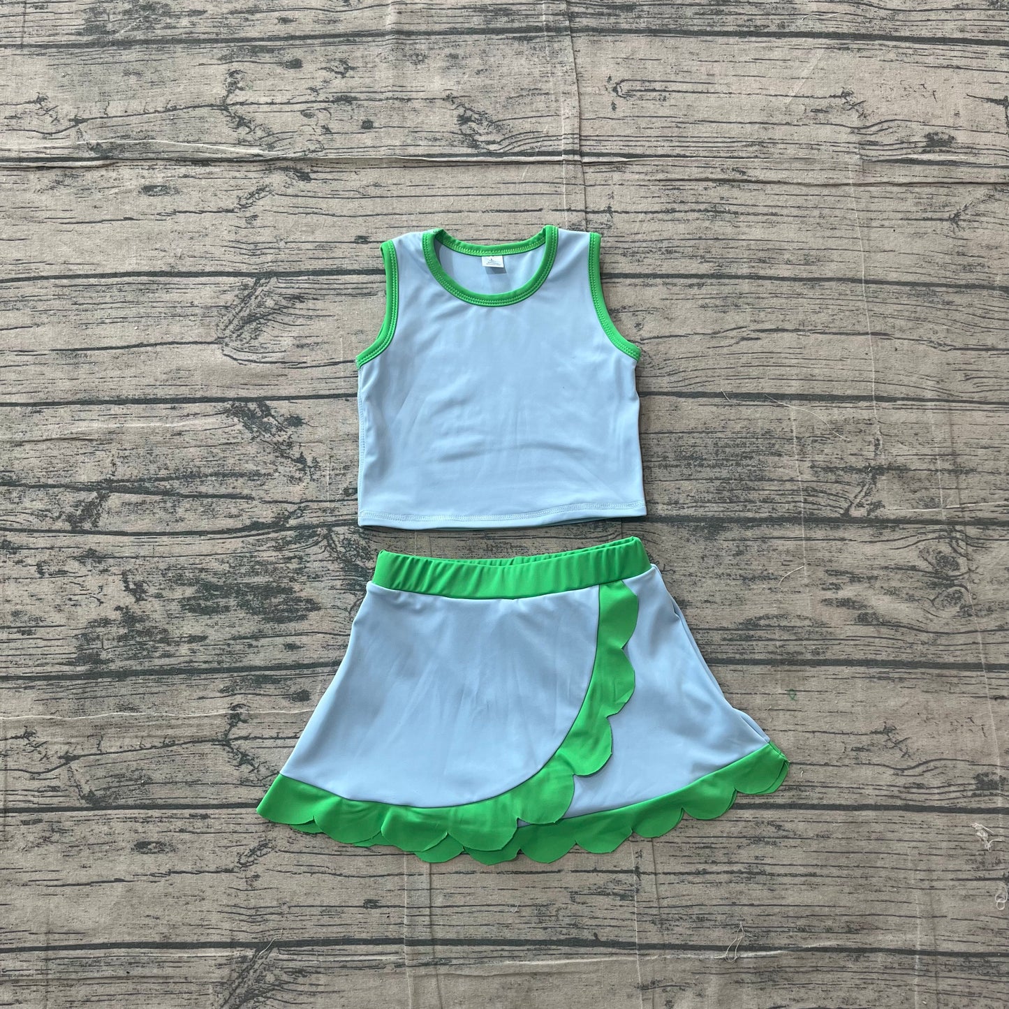 5.5 GSD4021 Sample No Moq Baby Girls Sleeveless Blue Green Vest Scallop Skirt Short Yoga Active Clothes Set