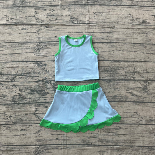 5.5 GSD4021 Sample No Moq Baby Girls Sleeveless Blue Green Vest Scallop Skirt Short Yoga Active Clothes Set