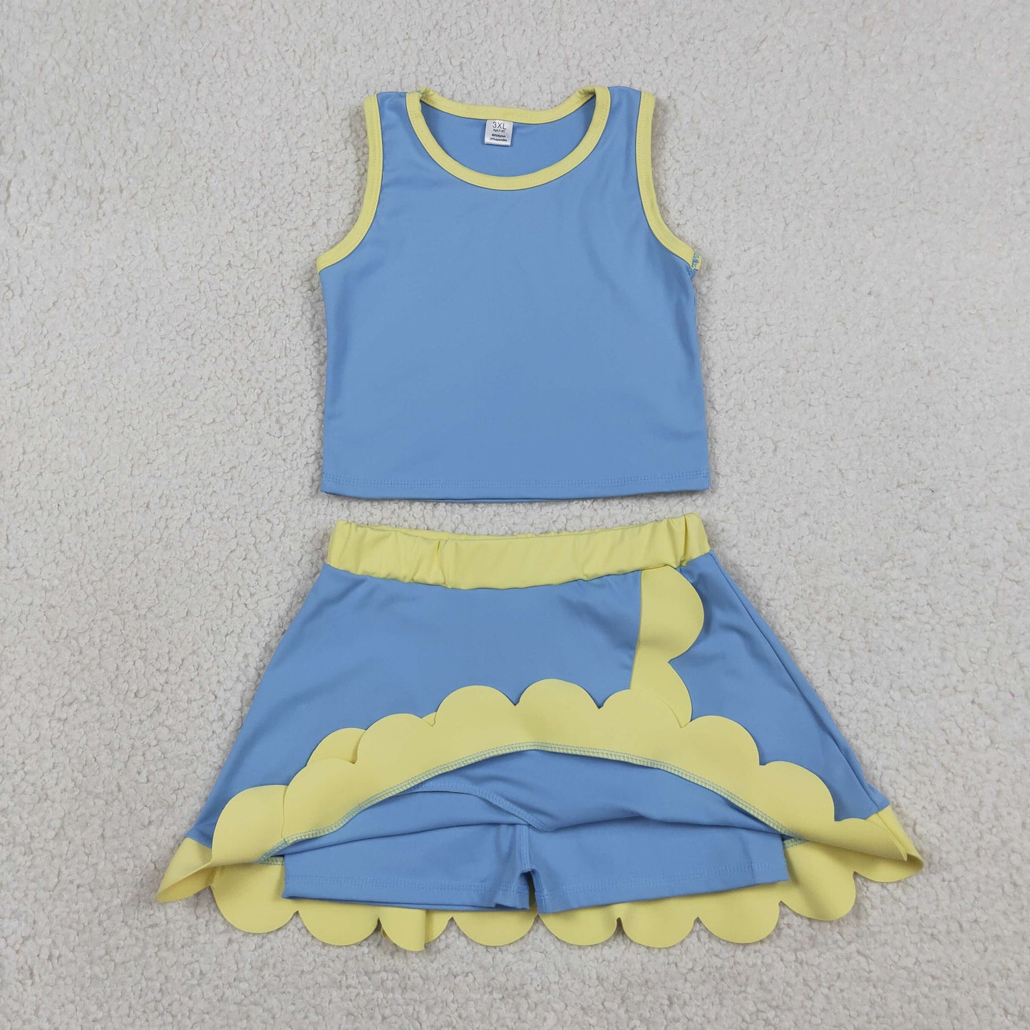 GSD4022 RTS NO MOQ （In stock）Sleeveless blue yellow scallop kids girls active wear set