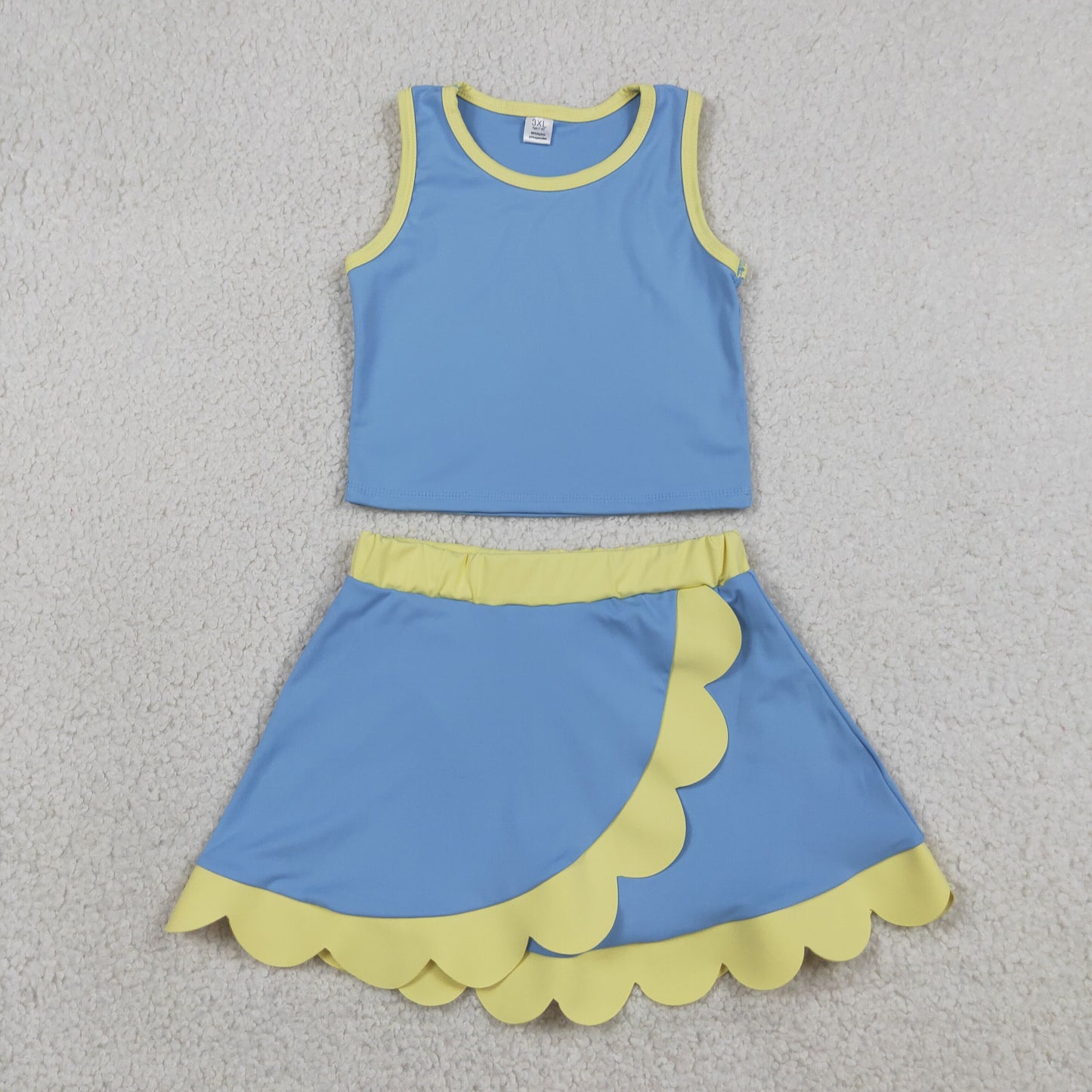 GSD4022 RTS NO MOQ （In stock）Sleeveless blue yellow scallop kids girls active wear set