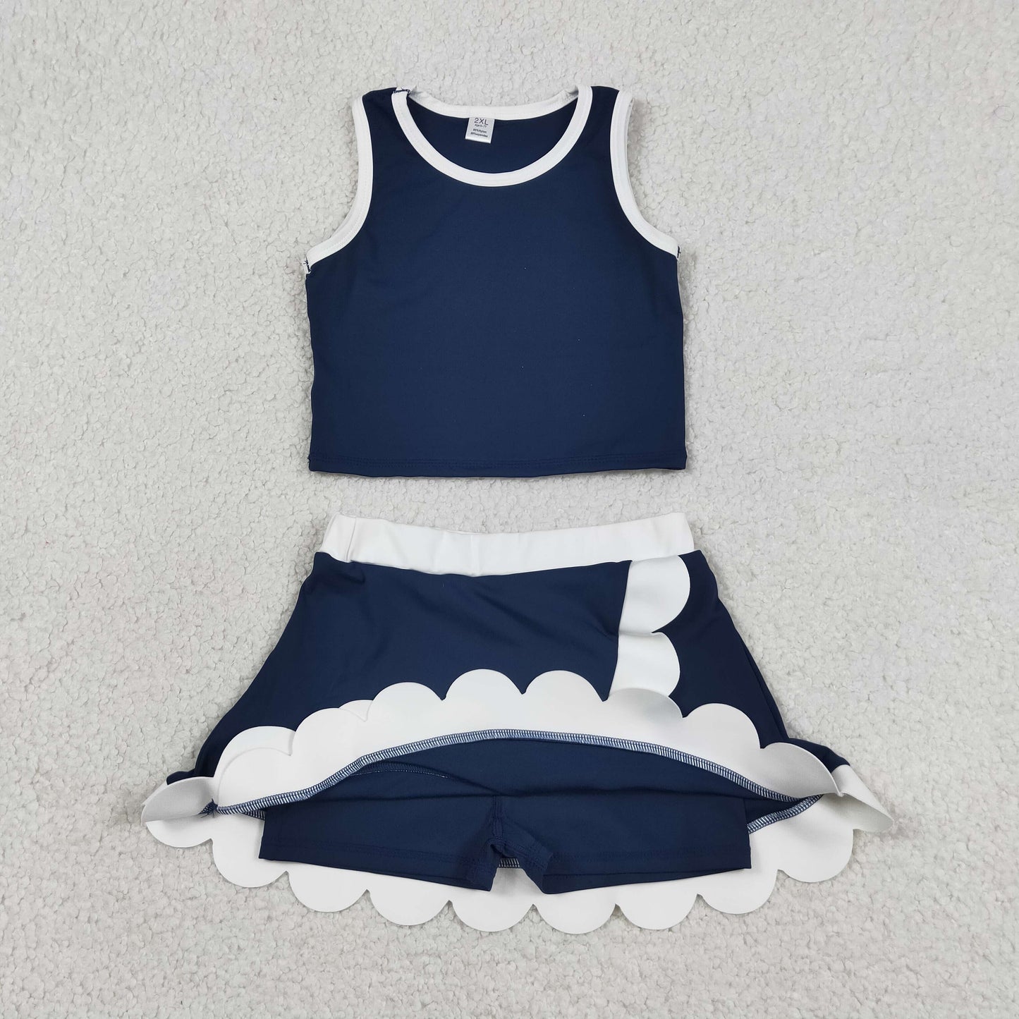 GSD4024 RTS NO MOQ （In stock ）Sleeveless navy white scallop girls team active wear set