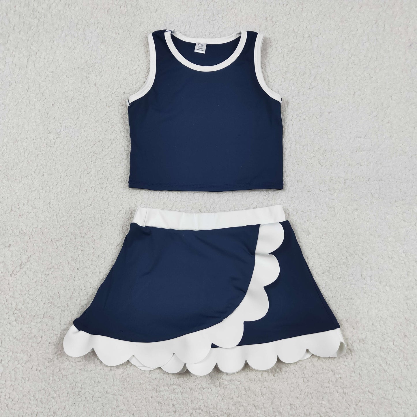 GSD4024 RTS NO MOQ （In stock ）Sleeveless navy white scallop girls team active wear set