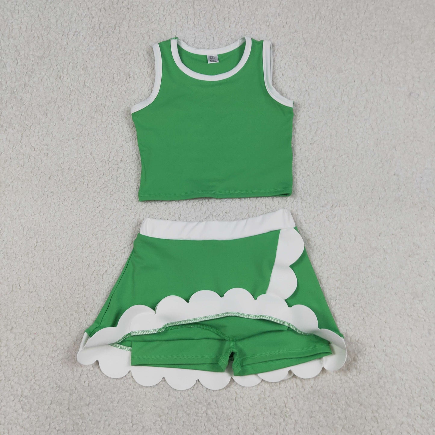 GSD4025 RTS NO MOQ （In stock ）Sleeveless green white scallop kids girls active wear set