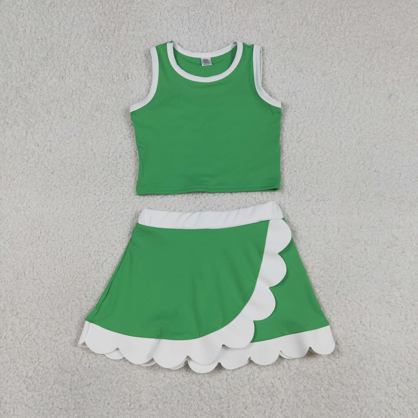 GSD4025 RTS NO MOQ （In stock ）Sleeveless green white scallop kids girls active wear set