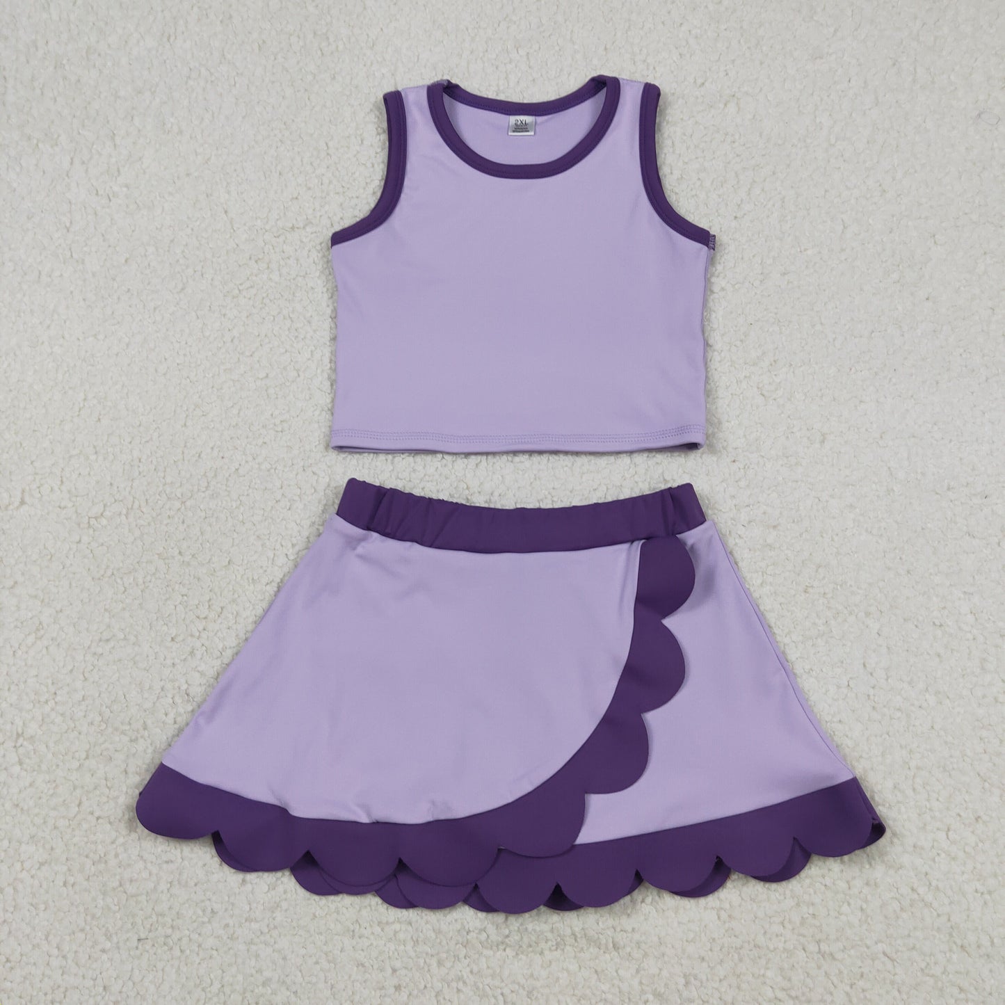 GSD4026 RTS NO MOQ （In stock）Baby Girls Sleeveless Purple Vest Scallop Skirt Short Yoga Active Clothes
