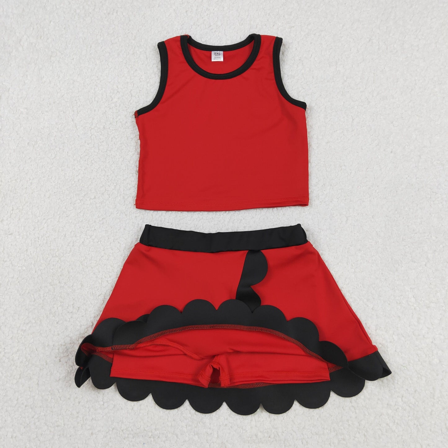 GSD4028 RTS NO MOQ （In stock ）Sleeveless red black scallop girls team active wear set