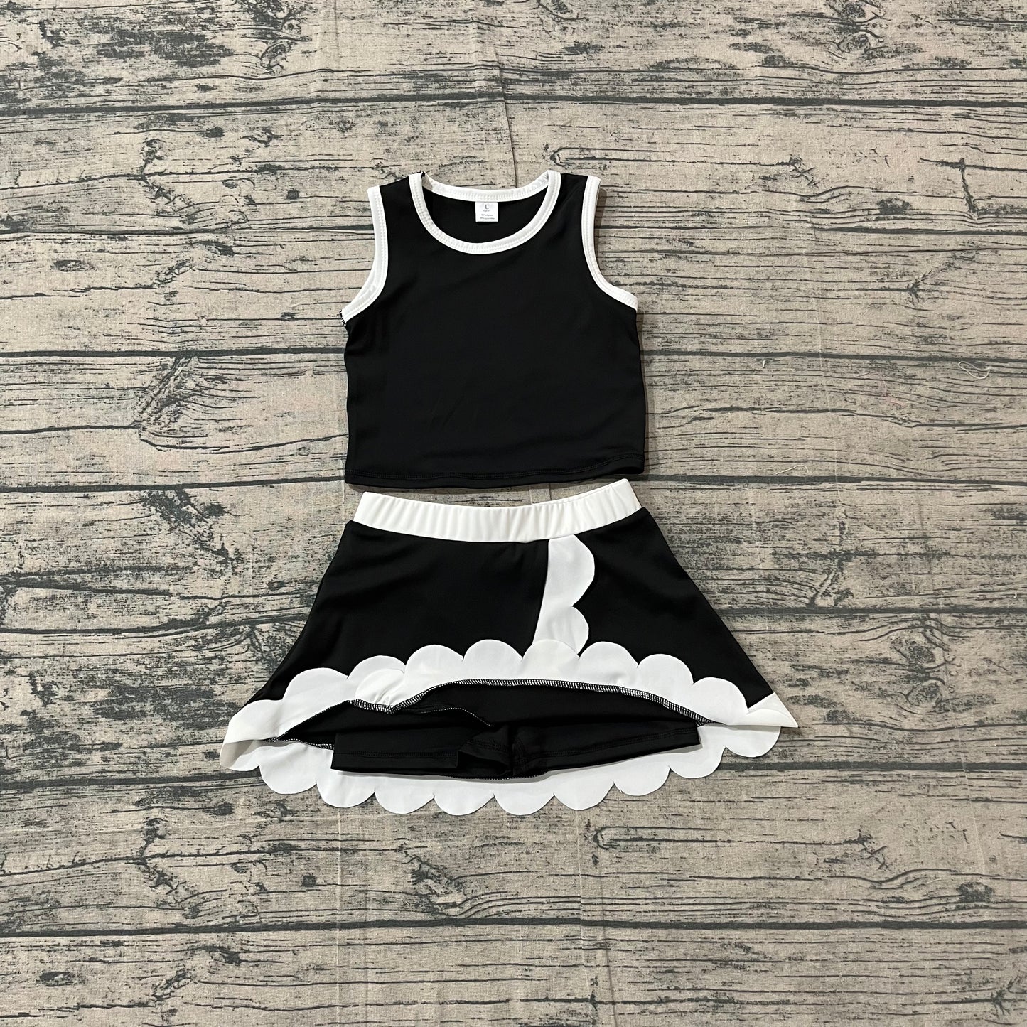 4.14 GSD4029 Sample No Moq Baby Girls Sleeveless Black Vest Scallop Skirt Short Yoga Active Clothes