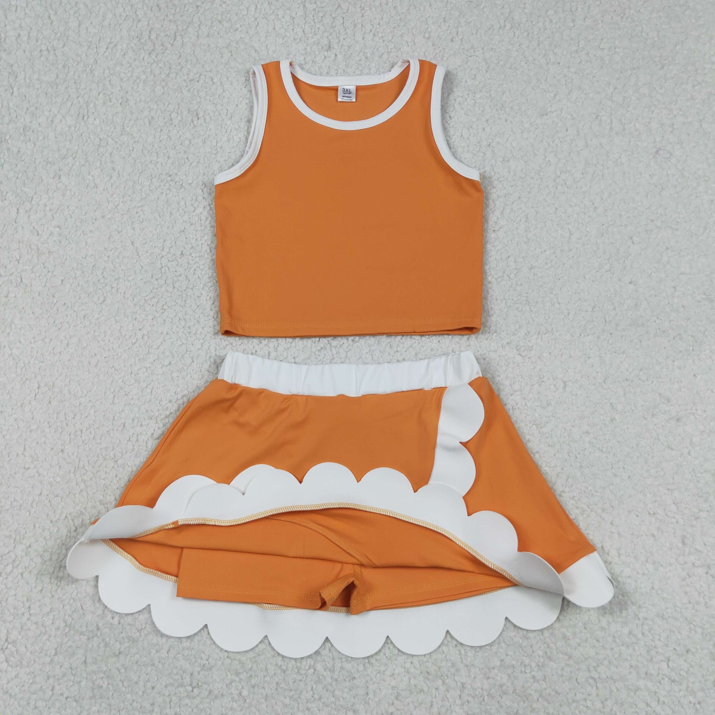 GSD4033 RTS NO MOQ （In stock） Sleeveless orange white scallop girls team active wear set