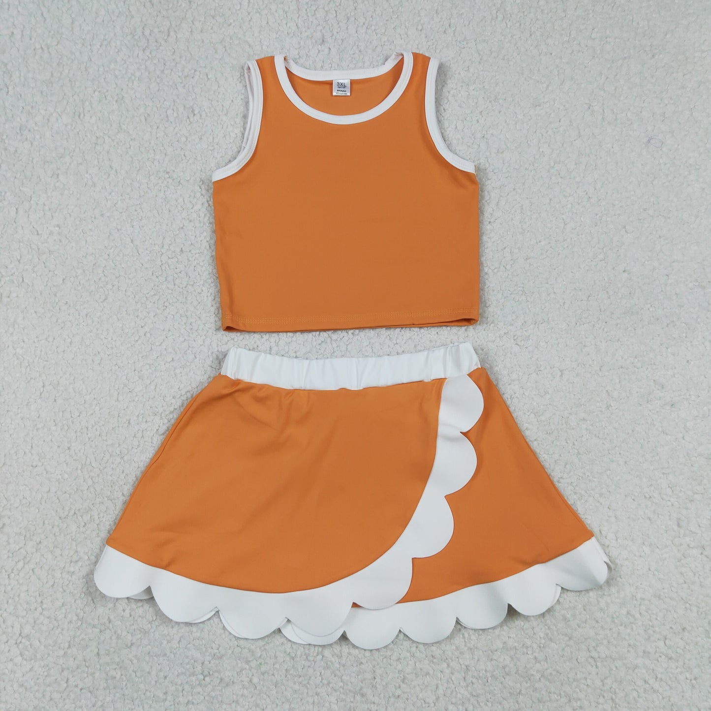 GSD4033 RTS NO MOQ （In stock） Sleeveless orange white scallop girls team active wear set