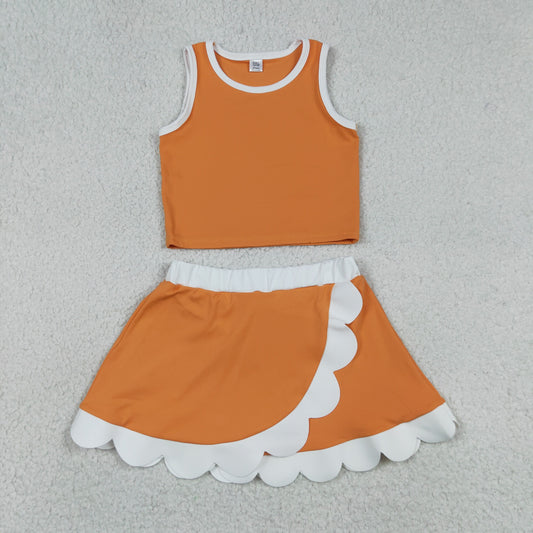 GSD4033 RTS NO MOQ （In stock） Sleeveless orange white scallop girls team active wear set
