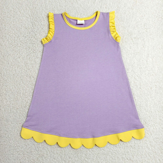 GSD4042 RTS NO MOQ （In stock）Yellow scallop ruffle sleeveless lavender girls cotton team dress