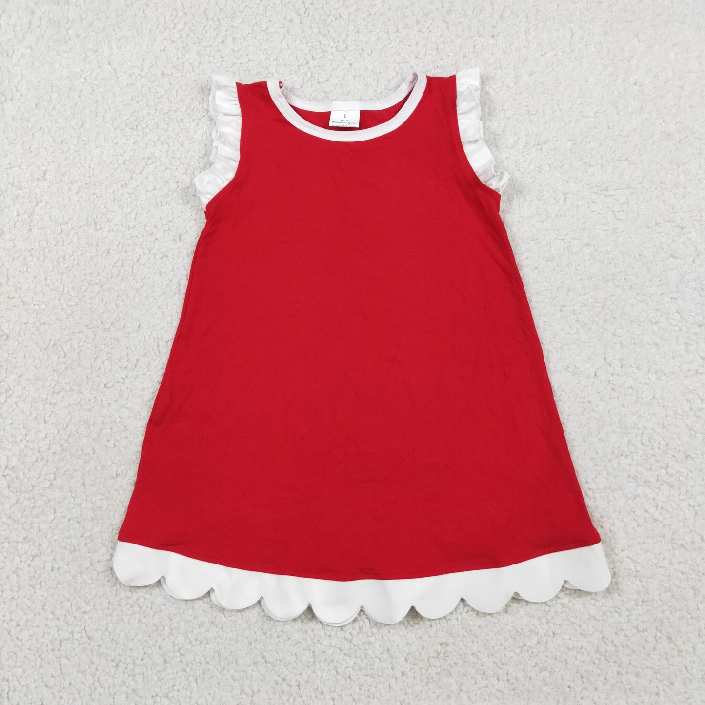 GSD4047 RTS NO MOQ （In stock）White scallop ruffle sleeveless red girls cotton team dress