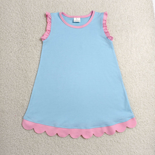 GSD4048 RTS NO MOQ （In stock）Pink scallop ruffle sleeveless light blue girls cotton dress